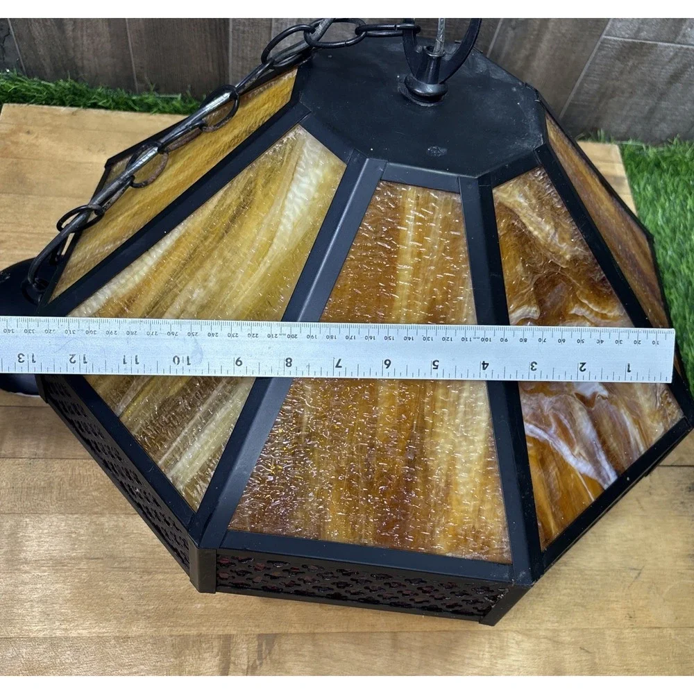 Vintage 1970s Slag Glass Chandelier Amber Red Black Hanging Swag Pendant Light